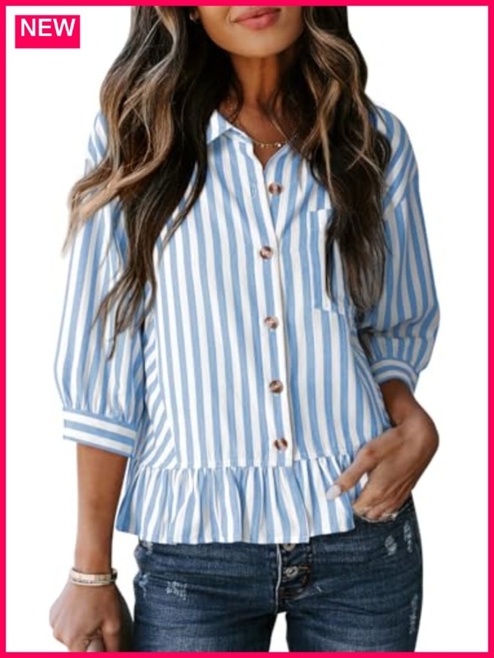 3/4 Sleeve Button Down Crop Peplum Babydoll Striped Blouse